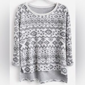 Andrea Jovine Sheer Knit Top | Gray Tribal Print Airy Lightweight Top Size: M